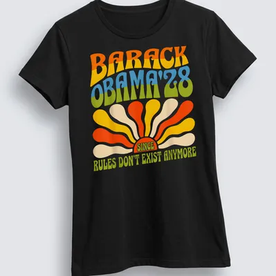 Retro colorful Barack Obama 2028 t-shirt with playful political text — printed on a women's shirt