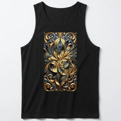 Ornate baroque floral design in gold, slate, and black on a — printed on a tank top