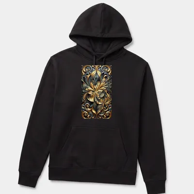 Ornate baroque floral design in gold, slate, and black on a — printed on a unisex hoodie