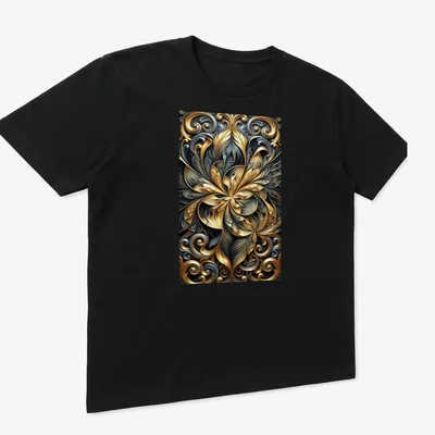 Ornate baroque floral design in gold, slate, and black on a — printed on a unisex t-shirt (angled view)