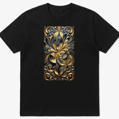 Ornate baroque floral design in gold, slate, and black on a T-shirt
