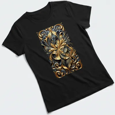 Ornate baroque floral design in gold, slate, and black on a — printed on a women's shirt