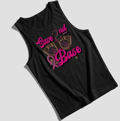 Colorful cartoon design of baseball gloves with the phrase Save 2nd Base — printed on a tank top