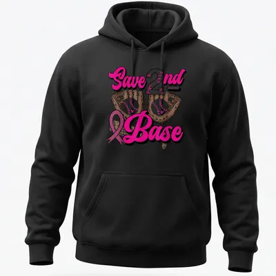 Colorful cartoon design of baseball gloves with the phrase Save 2nd Base — printed on a unisex hoodie