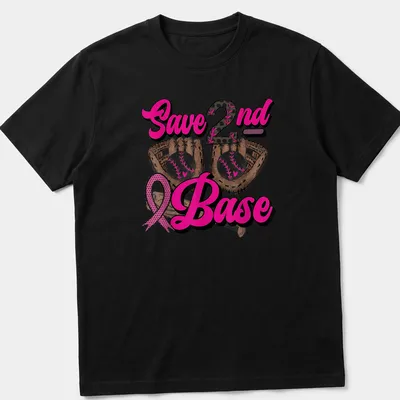 Colorful cartoon design of baseball gloves with the phrase Save 2nd Base