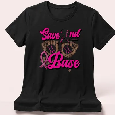 Colorful cartoon design of baseball gloves with the phrase Save 2nd Base — printed on a women's shirt