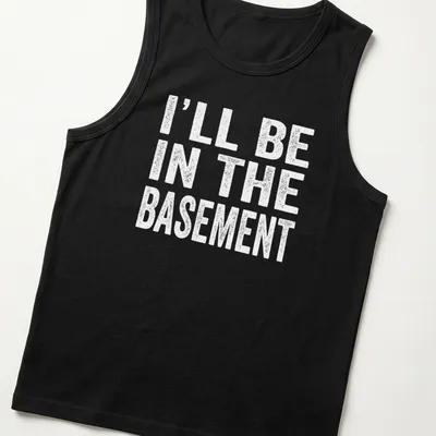 Casual black and white t-shirt with the phrase 'I'll Be In The Basement' printed on it — printed on a tank top