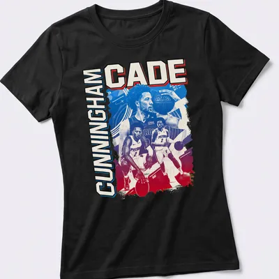 Retro Cade Cunningham T-shirt featuring bold graphics in red, blue, and white — printed on a women's shirt