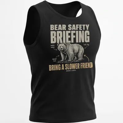 Vintage illustration t-shirt with bear safety briefing text in playful font — printed on a tank top