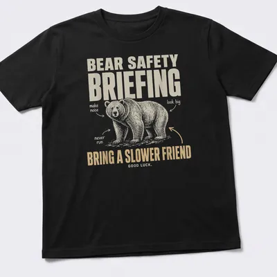 Vintage illustration t-shirt with bear safety briefing text in playful font