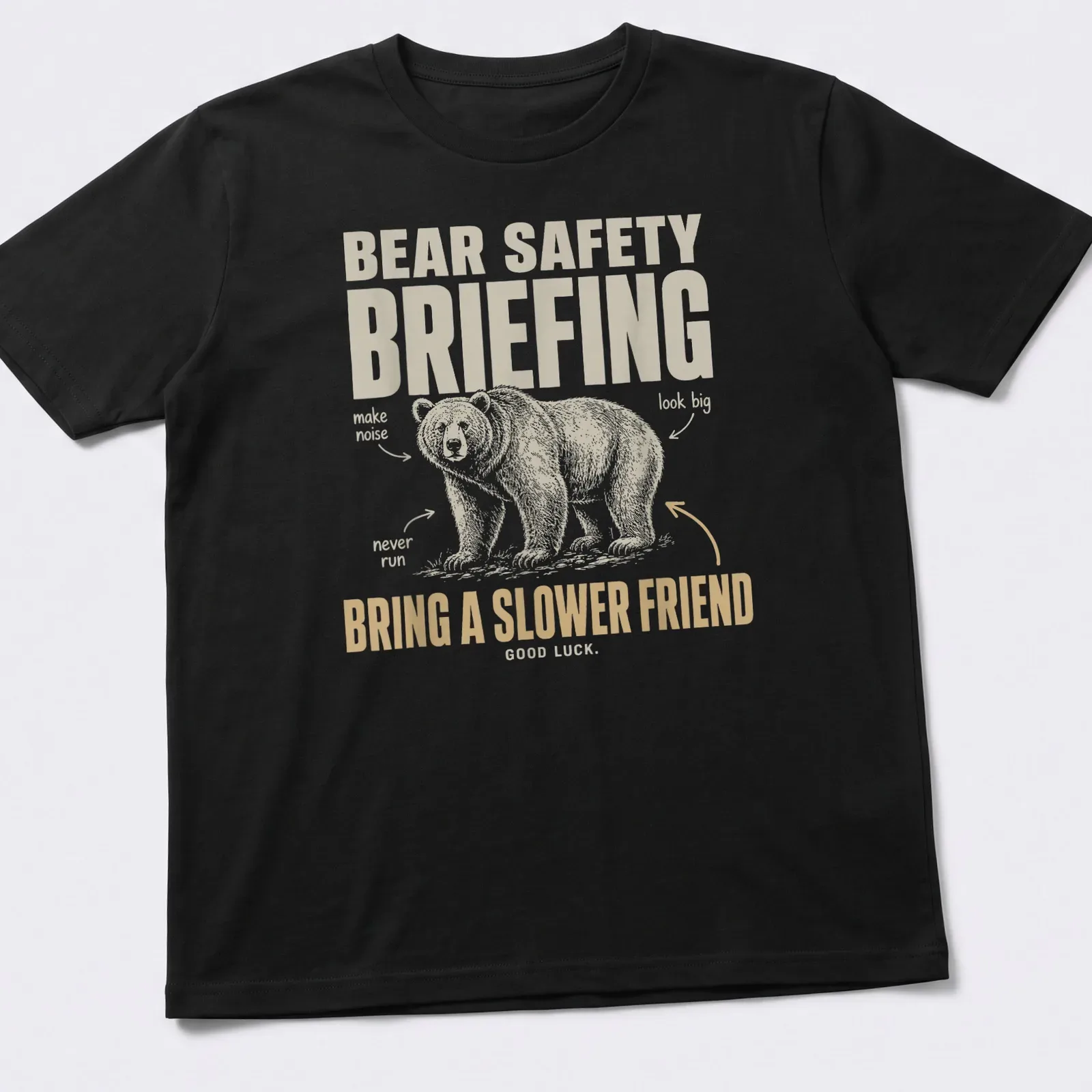 Vintage illustration t-shirt with bear safety briefing text in playful font — printed on a unisex t-shirt
