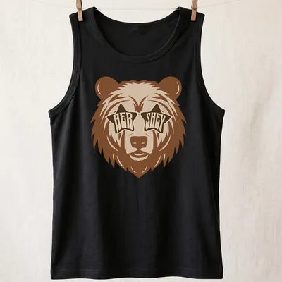 Playful bear wearing star sunglasses with retro text 'HER SHEY' above — printed on a tank top