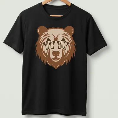 Playful bear wearing star sunglasses with retro text 'HER SHEY' above