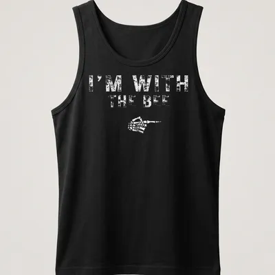 Playful cartoon bee design with text I'm With The BEE for Halloween — printed on a tank top