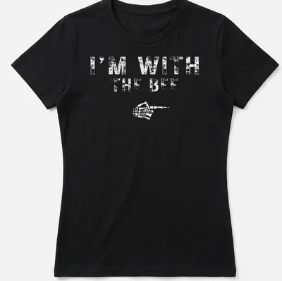 Playful cartoon bee design with text I'm With The BEE for Halloween — printed on a women's shirt