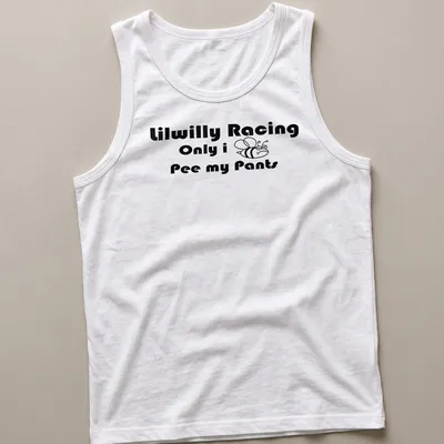 Bold playful design featuring a bee and humorous text about peeing pants. — printed on a tank top