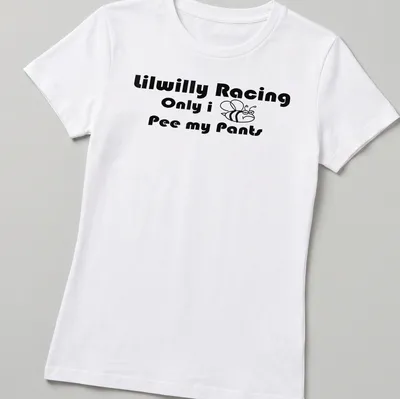 Bold playful design featuring a bee and humorous text about peeing pants. — printed on a women's shirt