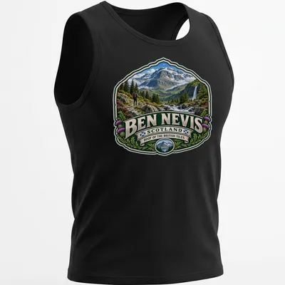 Vintage badge design T-shirt featuring Ben Nevis mountain landscape and hiker — printed on a tank top