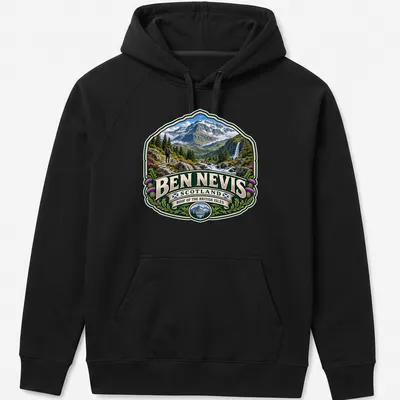 Vintage badge design T-shirt featuring Ben Nevis mountain landscape and hiker — printed on a unisex hoodie