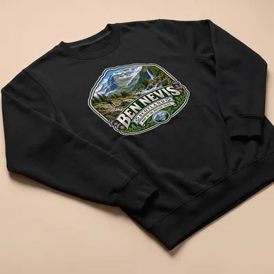 Vintage badge design T-shirt featuring Ben Nevis mountain landscape and hiker — printed on a unisex sweatshirt