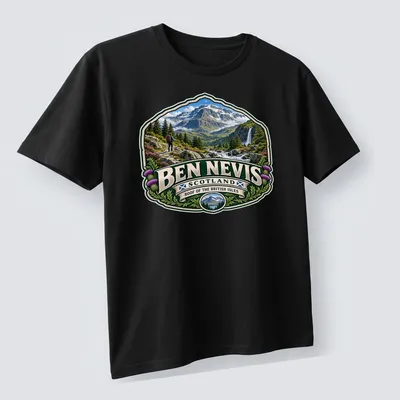 Vintage badge design T-shirt featuring Ben Nevis mountain landscape and hiker — printed on a unisex t-shirt (angled view)