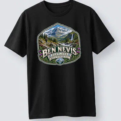 Vintage badge design T-shirt featuring Ben Nevis mountain landscape and hiker — printed on a unisex t-shirt