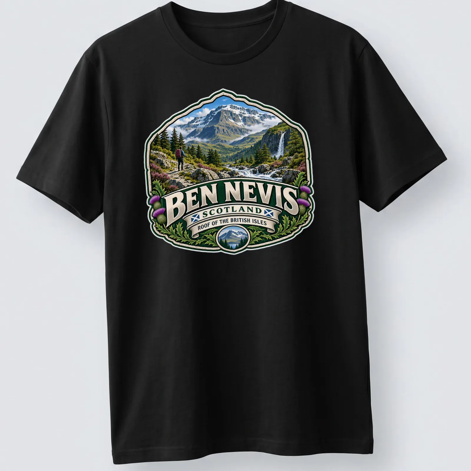 Vintage badge design T-shirt featuring Ben Nevis mountain landscape and hiker — printed on a unisex t-shirt
