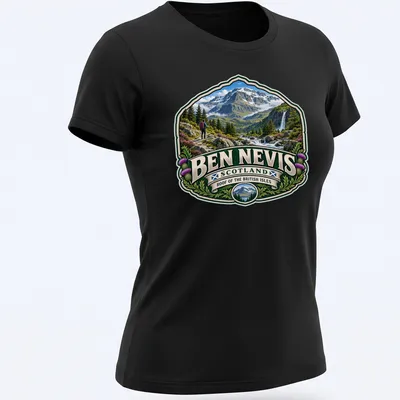 Vintage badge design T-shirt featuring Ben Nevis mountain landscape and hiker — printed on a women's shirt