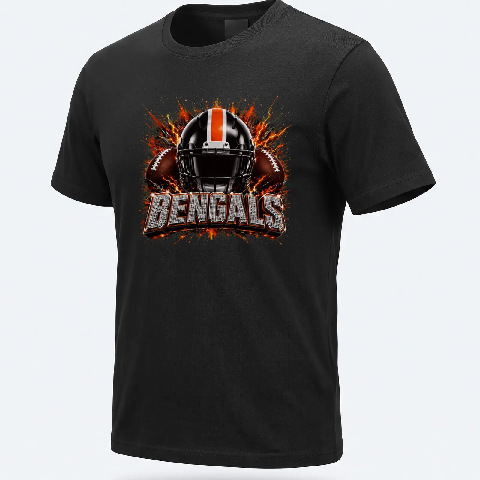 Sparkle glitter Bengals football helmet with bold lettering — printed on a unisex t-shirt