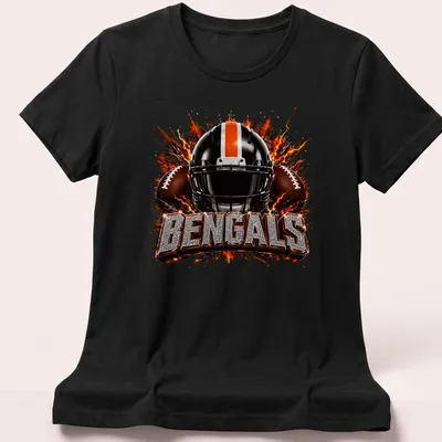 Sparkle glitter Bengals football helmet with bold lettering — printed on a women's shirt