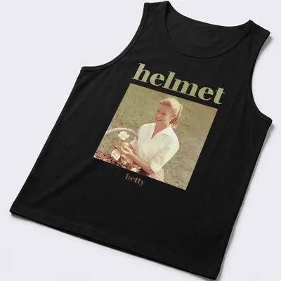 Vintage design of a woman holding roses with text 'helmet betty' above — printed on a tank top