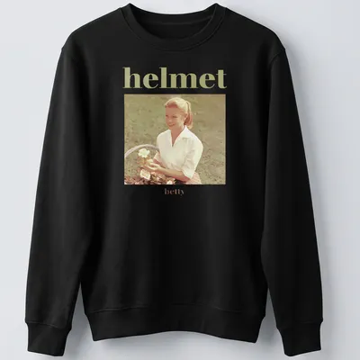 Vintage design of a woman holding roses with text 'helmet betty' above — printed on a unisex sweatshirt
