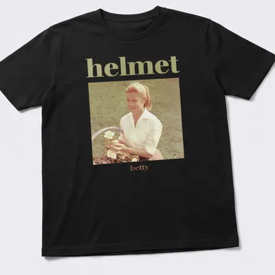 Vintage design of a woman holding roses with text 'helmet betty' above