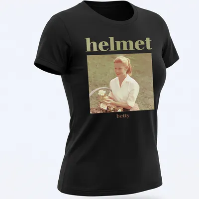 Vintage design of a woman holding roses with text 'helmet betty' above — printed on a women's shirt