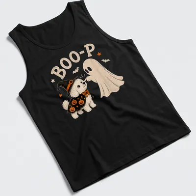 Cute cartoon Bichon Frise dressed as a ghost with 'BOO-P' text. — printed on a tank top