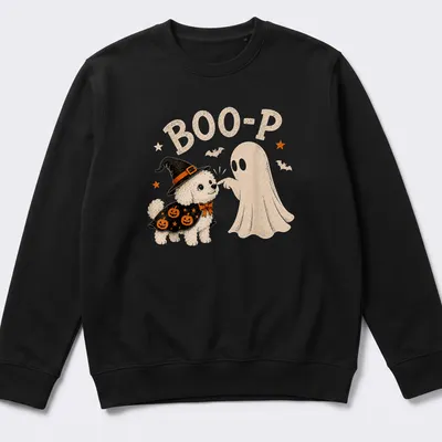 Cute cartoon Bichon Frise dressed as a ghost with 'BOO-P' text. — printed on a unisex sweatshirt