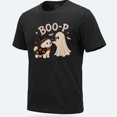 Cute cartoon Bichon Frise dressed as a ghost with 'BOO-P' text.