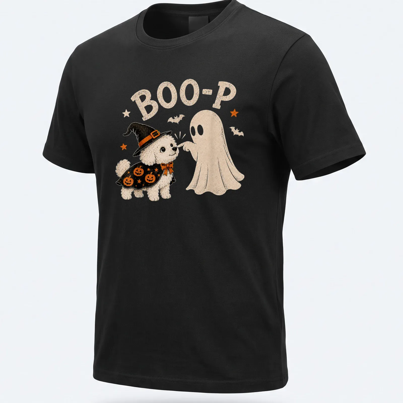 Cute cartoon Bichon Frise dressed as a ghost with 'BOO-P' text. — printed on a unisex t-shirt