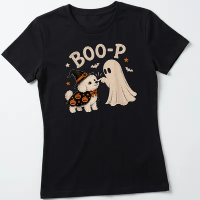 Cute cartoon Bichon Frise dressed as a ghost with 'BOO-P' text. — printed on a women's shirt