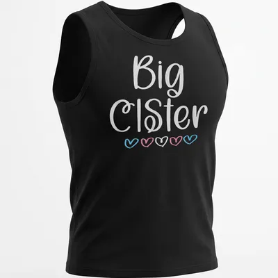 Playful script t-shirt featuring Trans Pride hearts with 'Big CisTer' text — printed on a tank top