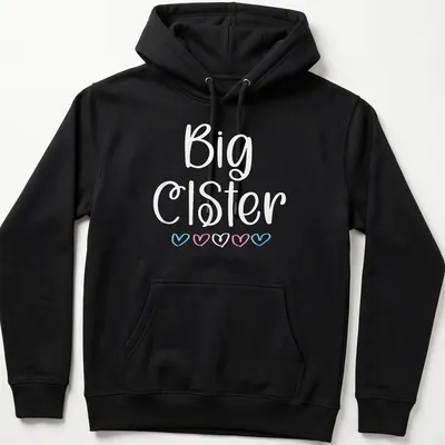 Playful script t-shirt featuring Trans Pride hearts with 'Big CisTer' text — printed on a unisex hoodie