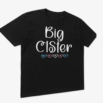 Playful script t-shirt featuring Trans Pride hearts with 'Big CisTer' text — printed on a unisex t-shirt (angled view)