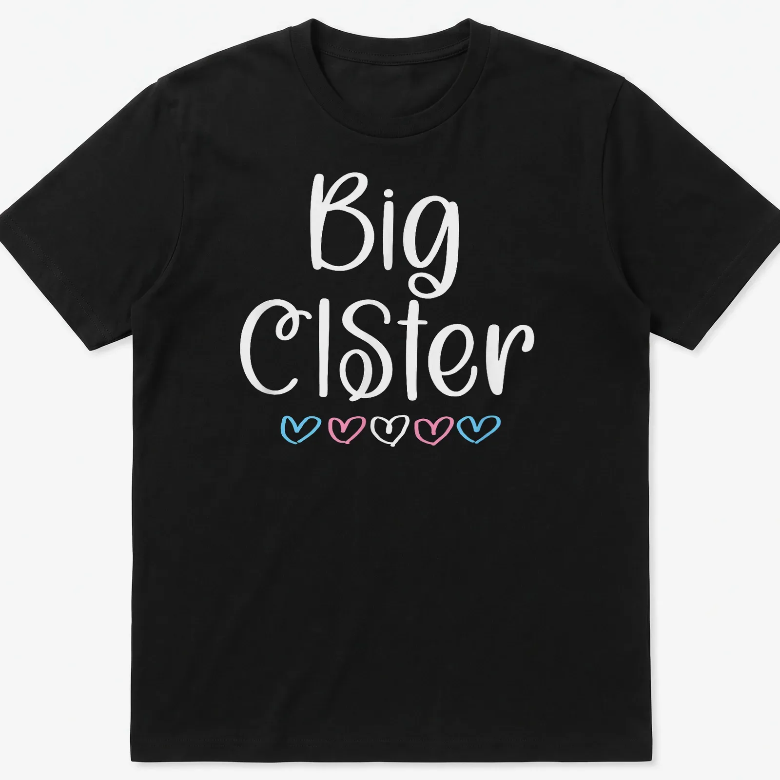 Playful script t-shirt featuring Trans Pride hearts with 'Big CisTer' text — printed on a unisex t-shirt