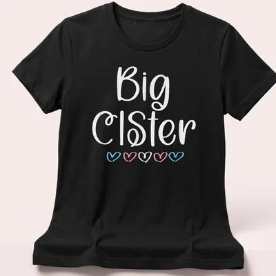 Playful script t-shirt featuring Trans Pride hearts with 'Big CisTer' text — printed on a women's shirt