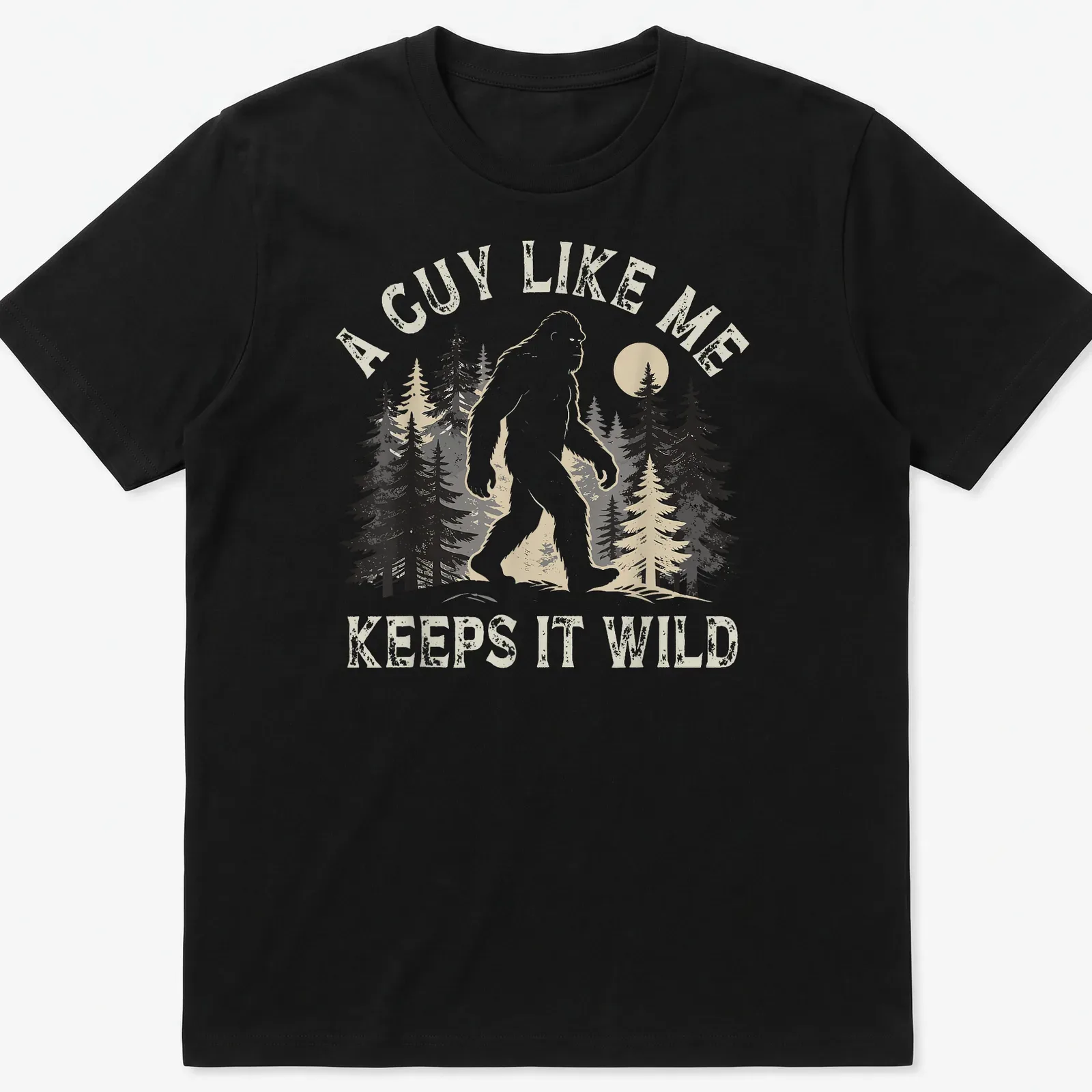 Retro distressed Bigfoot t-shirt with humorous text about keeping it wild — printed on a unisex t-shirt