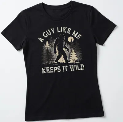 Retro distressed Bigfoot t-shirt with humorous text about keeping it wild — printed on a women's shirt
