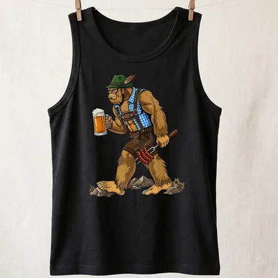 Cartoon design of Bigfoot holding beer and sausages in vibrant colors — printed on a tank top
