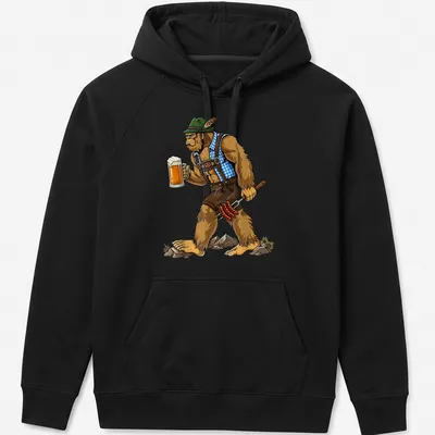 Cartoon design of Bigfoot holding beer and sausages in vibrant colors — printed on a unisex hoodie