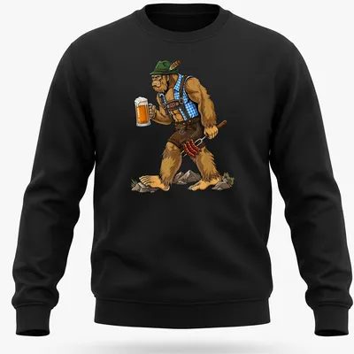 Cartoon design of Bigfoot holding beer and sausages in vibrant colors — printed on a unisex sweatshirt