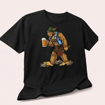 Cartoon design of Bigfoot holding beer and sausages in vibrant colors — printed on a unisex t-shirt (angled view)